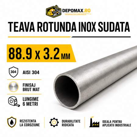 Teava rotunda inox sudata AISI 304, 88.9 x 3.2 mm, 6 metri